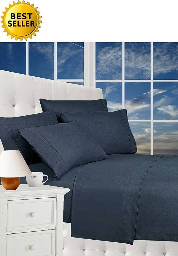 Elegance Linen Wrinkle Resistant 6-Piece Bed Sheet Set - 1500 Thread Count Silky Sof tSheet Set - California King - Navy Blue
