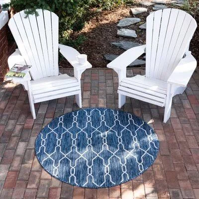 Heathcliff Geometric Navy Blue/Ivory Indoor, Outdoor Area Rug Sand & Stable Rug Size: Round 4&