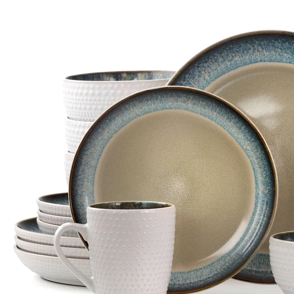 Elama 16-Piece Stoneware Dinnerware Set, Modern Dot