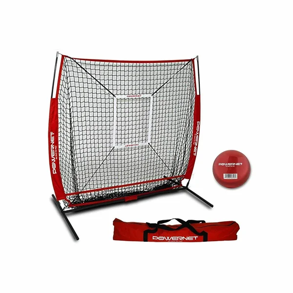 Powernet 5x5 Baseball Softball Practice Hitting Net Bundle (w/ Strike Zone + Training Ball), Blue