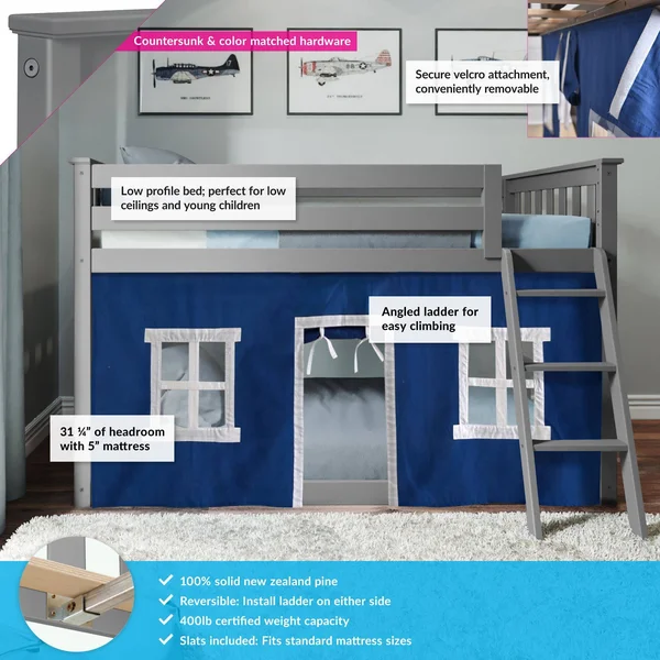 Max & Lily Twin Over Twin Low Bunk with Blue Curtains - Grey