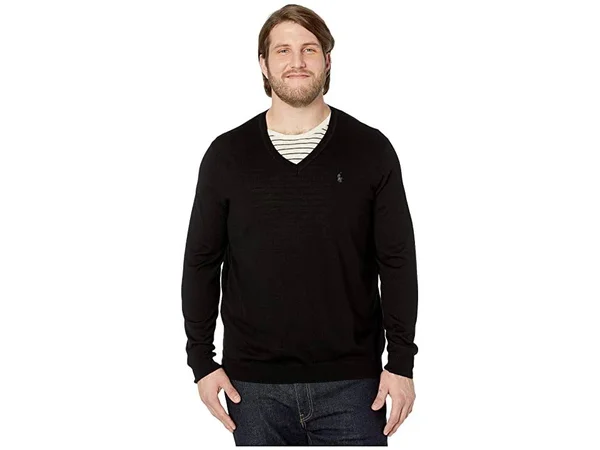 Polo Ralph Lauren Big & Tall Washable Merino Wool V-Neck Sweater Men's Clothing Polo Black : XLT