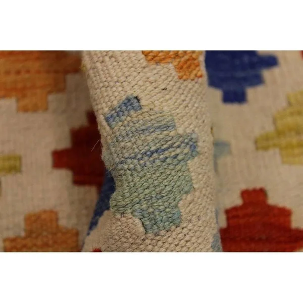 Geometric Kilim Annis Beige Blue Hand Woven Area Rugs 5x8
