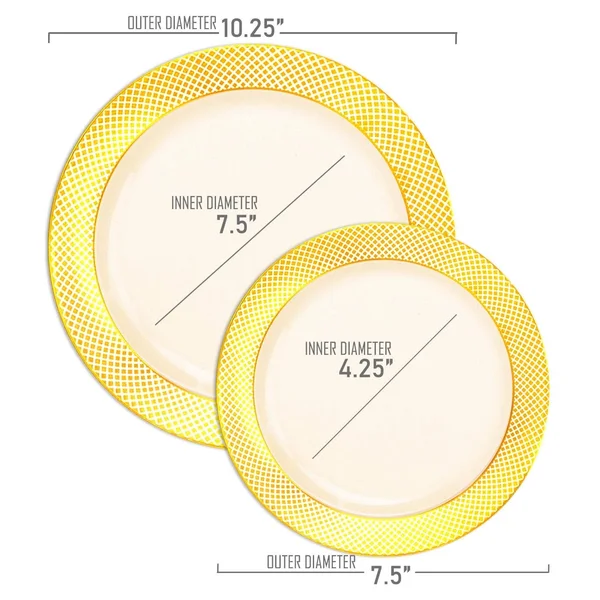 Crystal 7.5x22 Ivory with Gold Diamond Rim Disposable Plastic Salad Plates - Posh Party Supplies