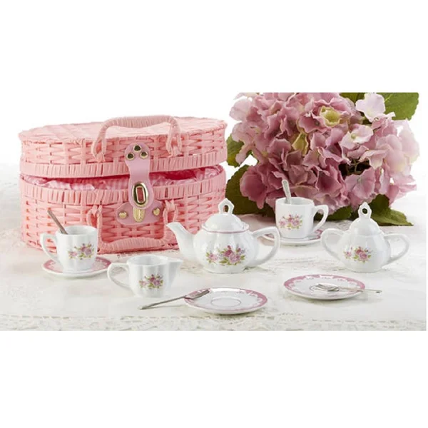 Delton Porcelain Tea Set in Basket - Lavender & Roses