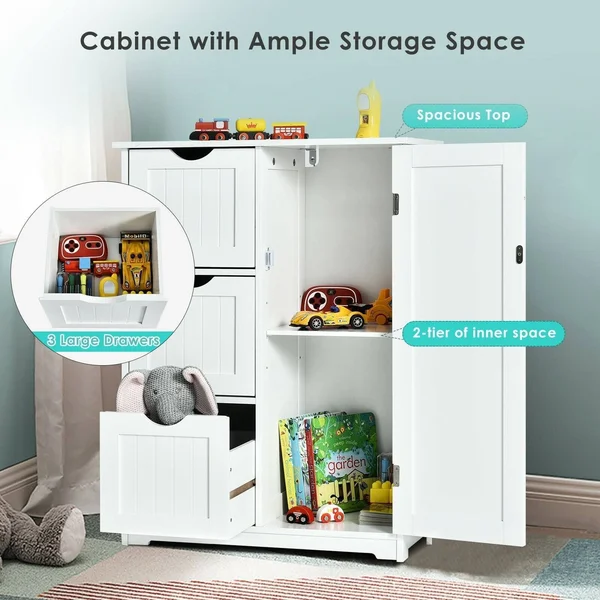 Bathroom Floor Cabinet Side Storage Cabinet with 3 Drawers and 1 Cupboard - 24x22 x 12x22 x 32x22(L x W x H) - Grey