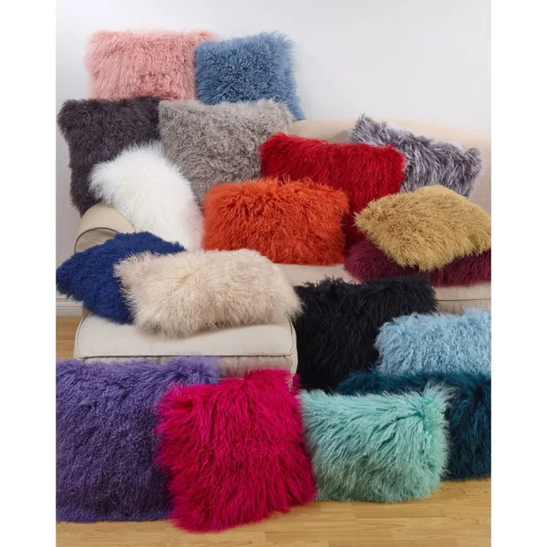SARO LIFESTYLE 3564.R20S Mongolian Lamb Fur Down Filled Throw Pillow - Red, 20x22 x 20x22