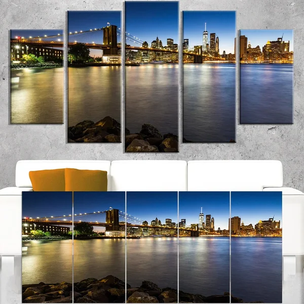 Designart Distant View of Brooklyn Bridge Cityscape Canvas Print 5 Panels - 61431830018