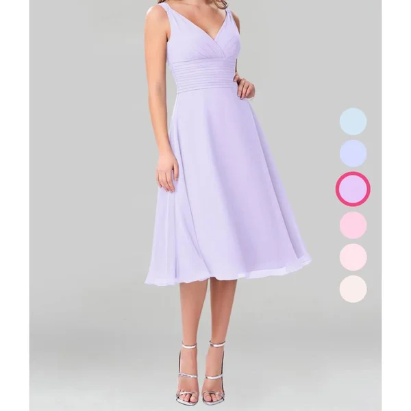 Azazie A-Line/Princess V-Neck Tea-Length Chiffon Bridesmaid Dresses - Lilac