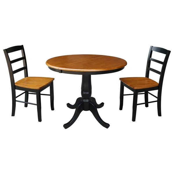 International Concepts 36x22 Round Top Pedestal EXT Table with 12x22 Leaf and 2 RTA Madrid Chairs, Black/Cherry