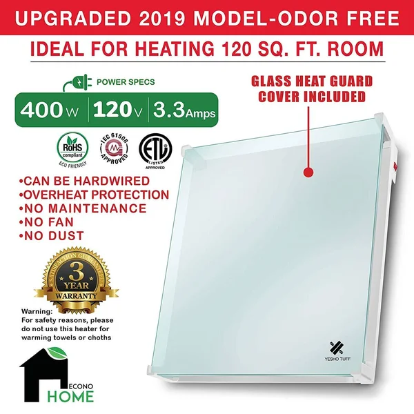 EconoHome Wall Mount Space Heater Panel - with Thermostat and Glass Heat Guard Cover - 400W Convection Heater - for 120 Sq ft Ro - 24 x 24