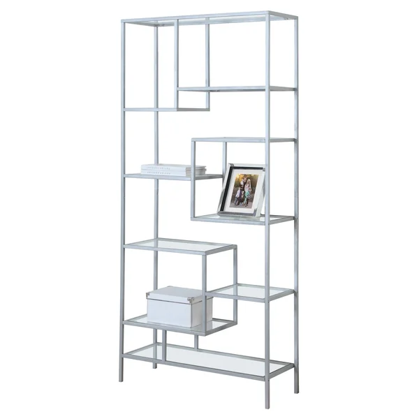 Monarch Bookcase - 72x22H - Silver Metal with Tempered Glass