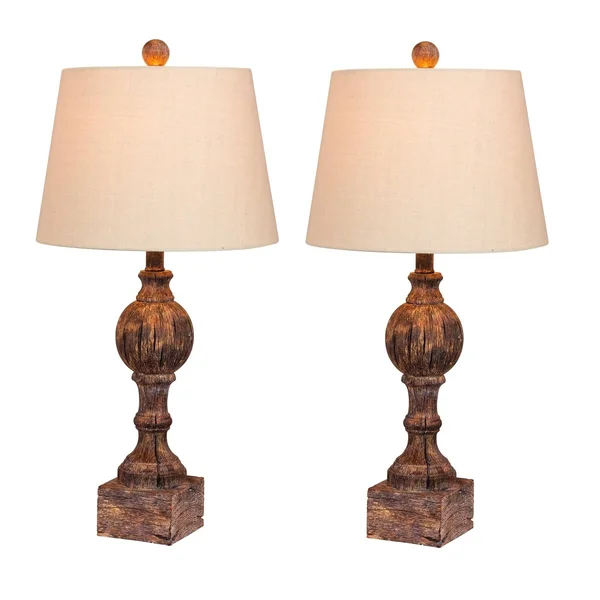 Fangio Lighting 26.5 in. Pair of Distressed Column Resin Table Lamps in A Cottage Antique Brown