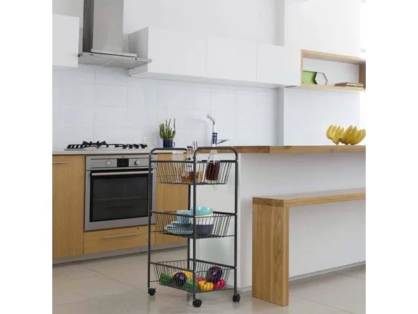 NEX 3-Tier Rolling Basket Stand, Large Size Full Metal Rolling Trolley for Kitchen & Bathroom - Three Tier Storage Cart w/Sh