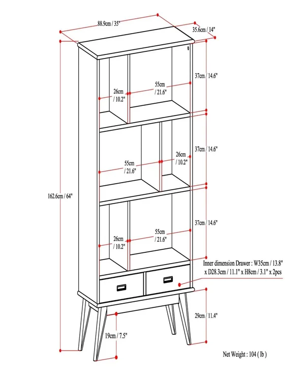 Simpli Home Draper 6 Cubby Bookcase, Teak Brown