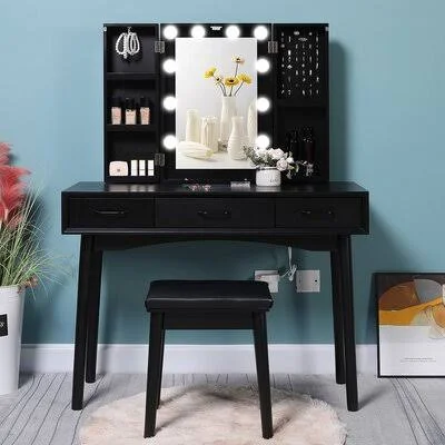 Bellagio Vanity Set with Stool and Mirror Corrigan Studio Color: Black