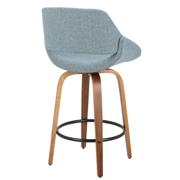 Set of 2 Mid Century Modern Blue Fabric Counter Stools with Walnut Legs 38x22