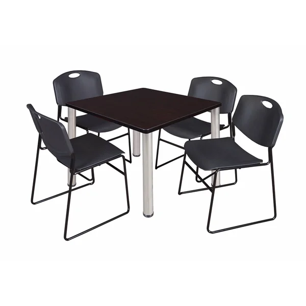 Regency Kee 36x22 Square Breakroom Table- Mocha Walnut/ Chrome & 4 Zeng Stack Chairs- Black
