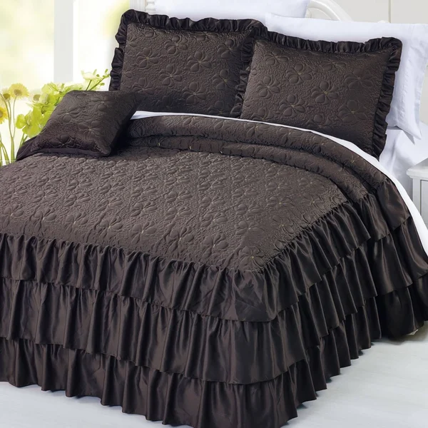 Serenta 4 Piece Matte Satin Ruffle Quilted Bedspread Set - Pink, Queen