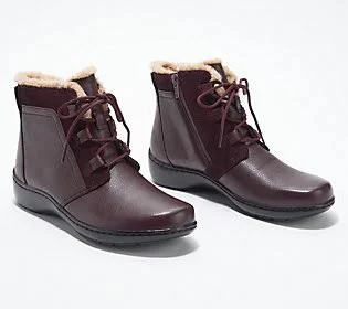 Clarks Collection Warm Lined Leather Boots -Cora Chai - Size 5 Medium, Burgundy