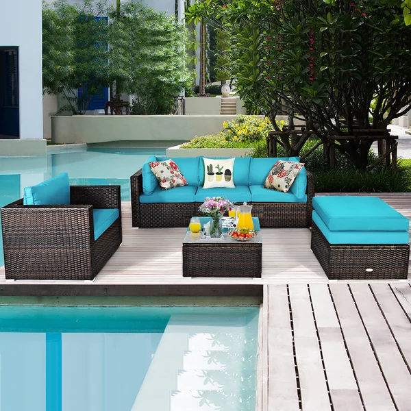 Costway 6-Piece PE Rattan Outdoor Sectional Set with Turquoise Cushions