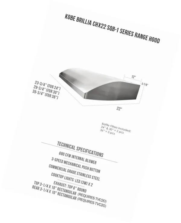 Kobe CHX2236SQB-1 Brillia 36-Inch Under Cabinet Range Hood, 3-Speed, 680 CFM, LED