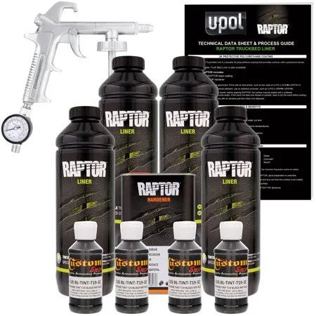 Custom Shop U-POL Raptor Bright Silver Urethane Spray-On Truck Bed Liner Kit w/ Free Custom Coat Spray Gun with Regulator, 6 Lit