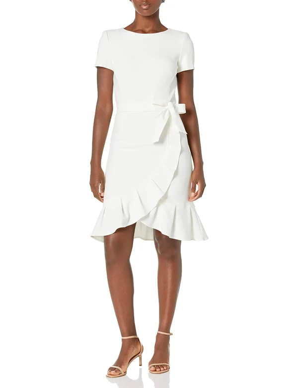 Calvin Klein Women's Ruffle Hem Belted Dress, Cream, 8