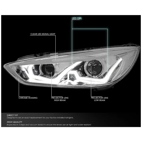 DNA Motoring for 15-17 Ford Focus Dual Halo LED DRL Light Bar+Turn Signal Projector Headlight Chrome Housing Clear Corner Headla