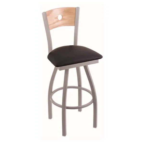 Holland Bar Stool 830 Voltaire 25x22 Counter Stool with Stainless Finish - Black Vinyl SEAT, Natural Oak BACK, and 360 Swivel 830