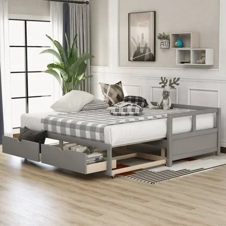 Twin Daybed with Trundle Bed and Two Storage Drawers, Wood Sofa Bed Frame with Pull Out Trundle, Modern Twin Size Extendable Bed