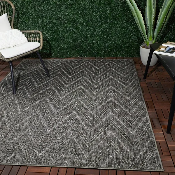 BALTA US Kava Charcoal 5 ft. x 7 ft. Chevron Flatweave Indoor/Outdoor Area Rug, Grey
