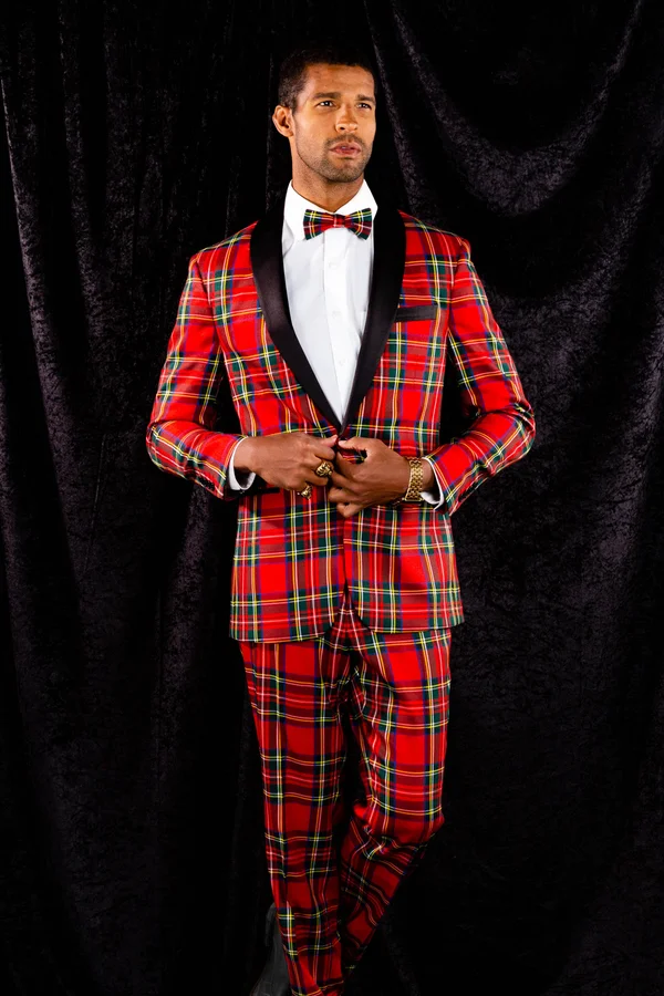 The Rockefeller, Tartan Plaid Tuxedo, Size 52, Black/Red, Shinesty