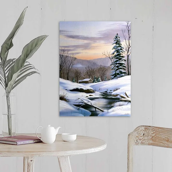 Log Cabin on Winter Stream in Early Evening, Large Solid-Faced Canvas Wall Art Print, Great Big Canvas