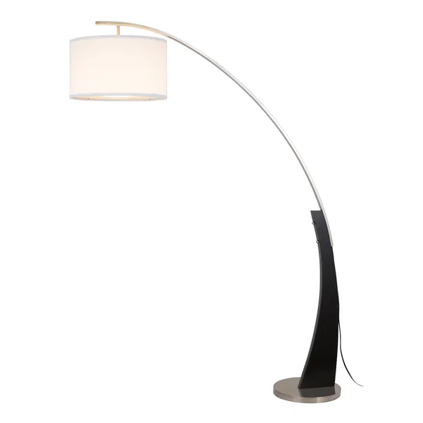 Q-Max Arched Floor Lamp with White Drum Shade, Black Wood Pole, and Metal Base