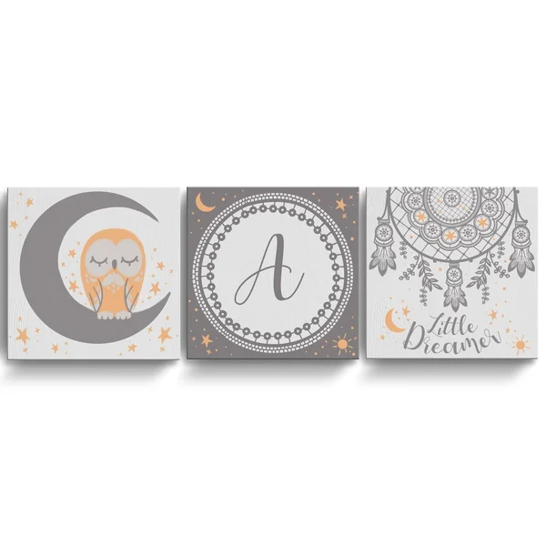 Little Dreamer 3-Pc Canvas Monogram Nursery Wall Art Set - M