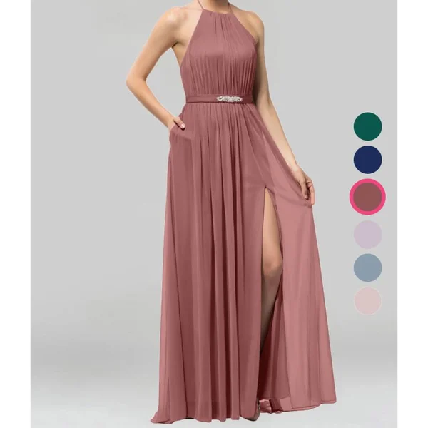 Azazie A-Line/Princess High Neck Floor-Length Mesh Bridesmaid Dresses - Desert Rose