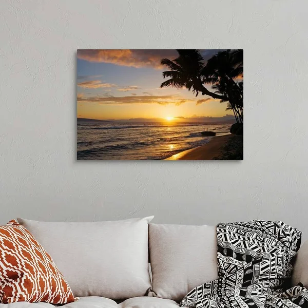 Hawaii - Maui, Kaanapali Resort, Sunset with Beach and Palm Trees, Canvas Wall Art, 36x24, Great Big Canvas