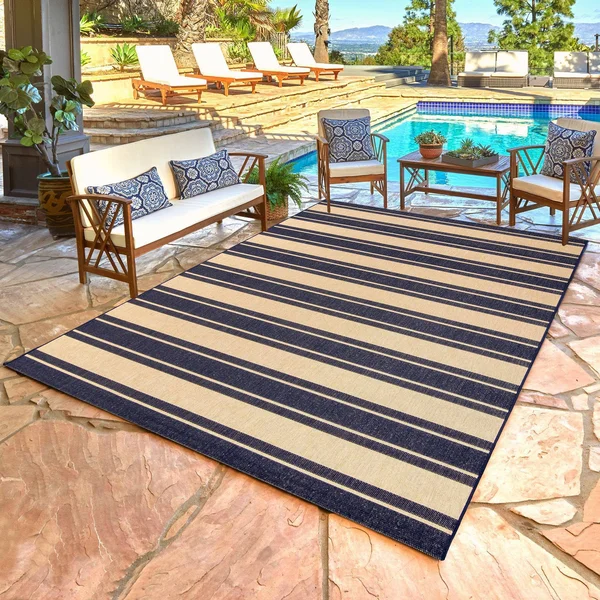 Gertmenian Paseo Castro Striped Indoor Outdoor Rug, Blue, 8x10 ft
