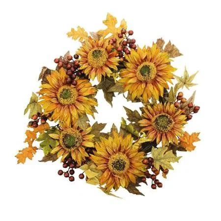 24 inch Autumn Harvest Sunflower Berry Wreath - Unlit, Orange