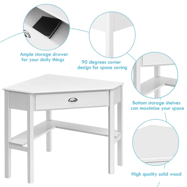 Costway Corner Computer Desk Laptop Writing Table Wood Workstation Home Office Furniture - White