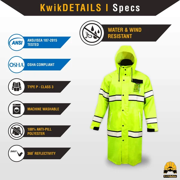 KwikSafety (Charlotte, NC) Torrent Class 3 Safety Trench Coat, High Visibility Waterproof Windproof Safety Rain Jacket, Hi Vis