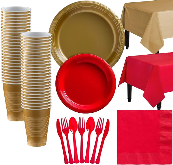 Party City Red and Silver Plastic Tableware Kit for 50 Guests, 487 Pieces