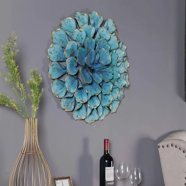 Distressed Teal Blue Metal Flowered Wall Art 3D Hanging Flower Sculpture Metallic Gold Accents Living Room Bedroom Home Decor, 2