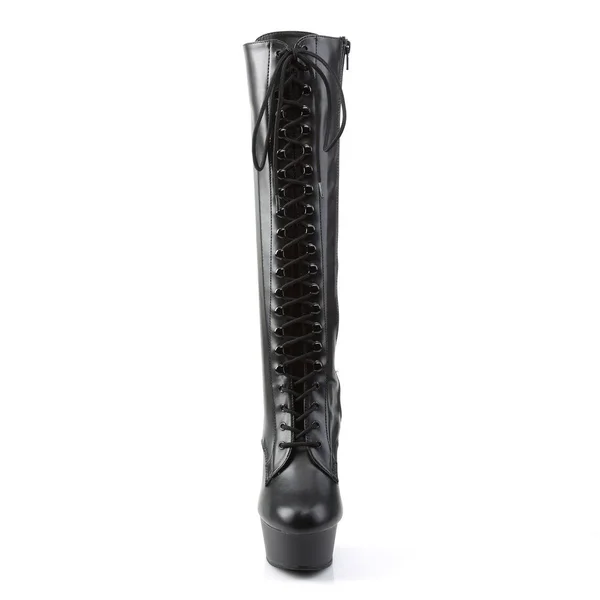 Pleaser DELIGHT-2023 Black Stretch Pu-Black Matte Knee High Boots - 13 Black