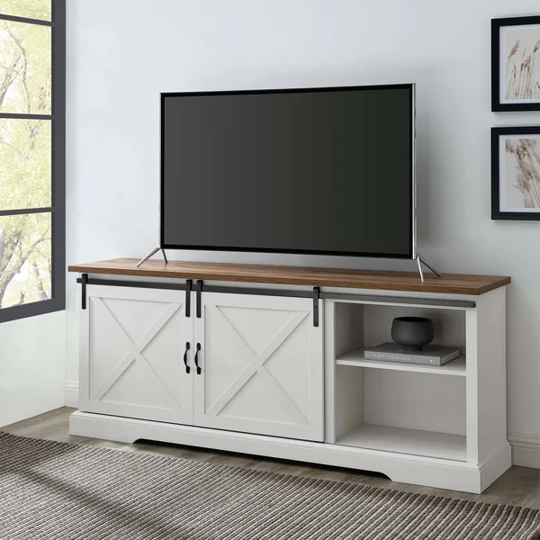 Walker Edison 70x22 Sliding Barn Door TV Console - Reclaimed Barnwood/Brushed White
