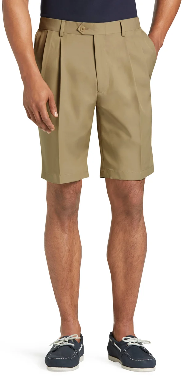JoS. A. Bank Men's Traveler Performance Pleat Front Traditional Fit Comfort Waist Shorts, British Tan, 39 Regular