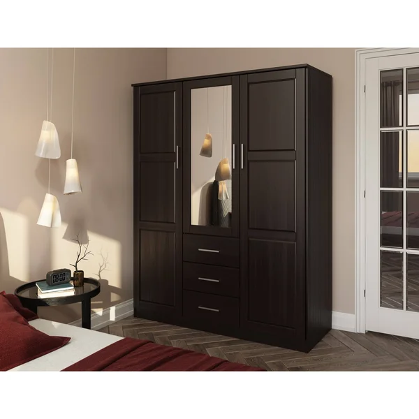 100% Solid Wood 3-Door Cosmo Wardrobe with Mirror 7115 by Palace Imports - Gray