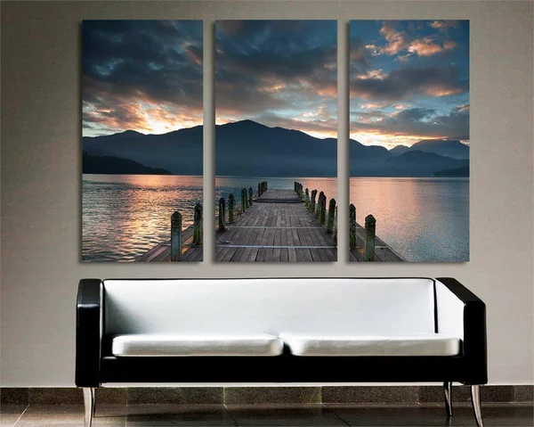 30 x 20 - Cloudy Lake Docks During Sunset Canvas Print - 3 Panel Split, Triptych Wall Art