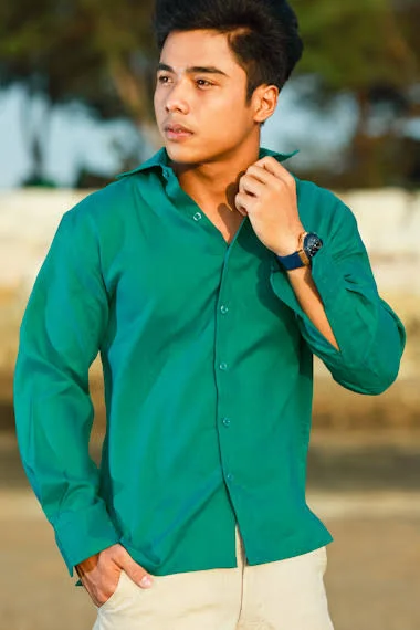Men's Linen Long Sleeve Italian Shirt - Light Green - Beach Wedding